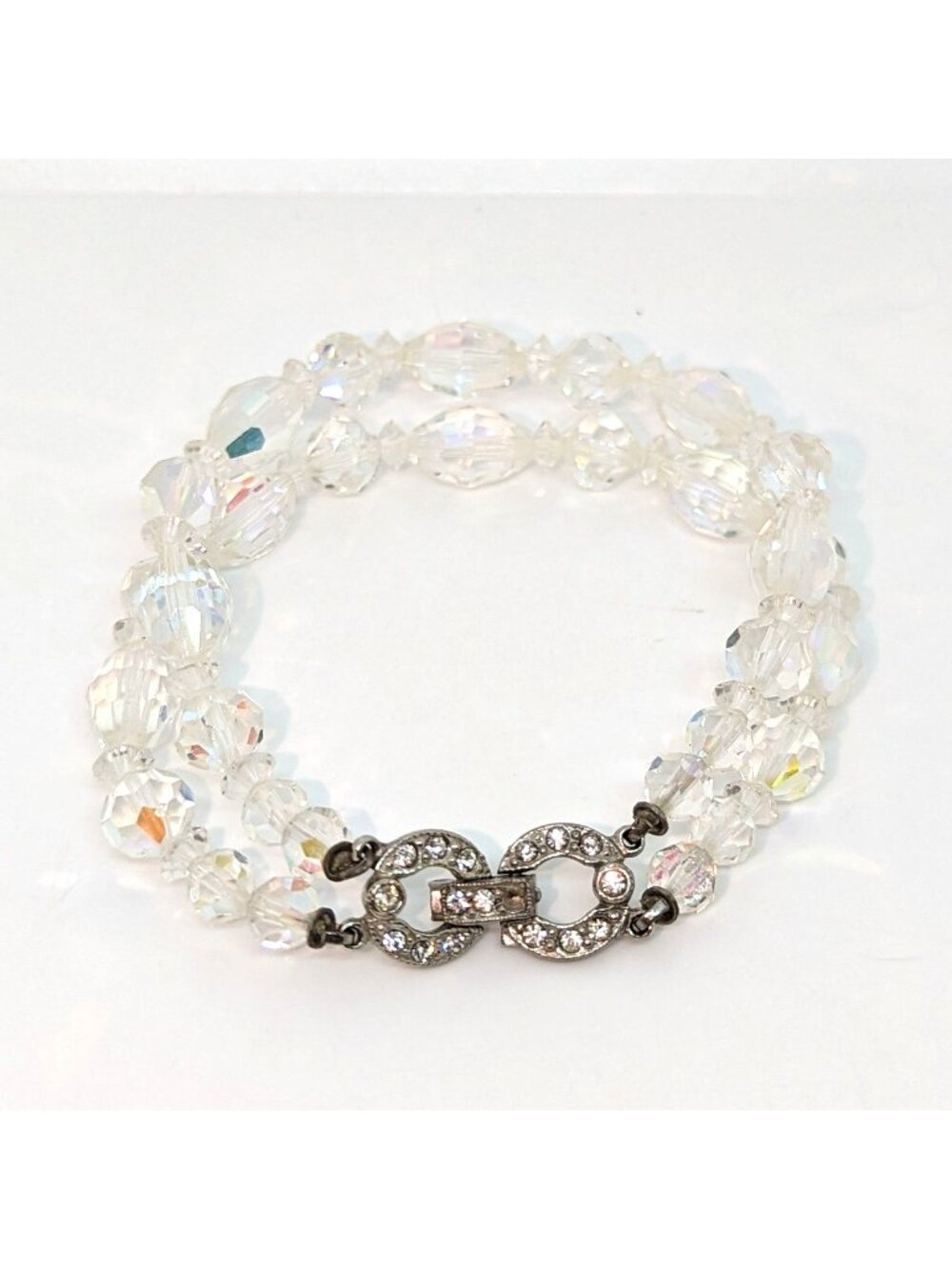 Vintage Double-Strand Aurora Borealis Crystal Bead Bracelet Rhinestone Clasp